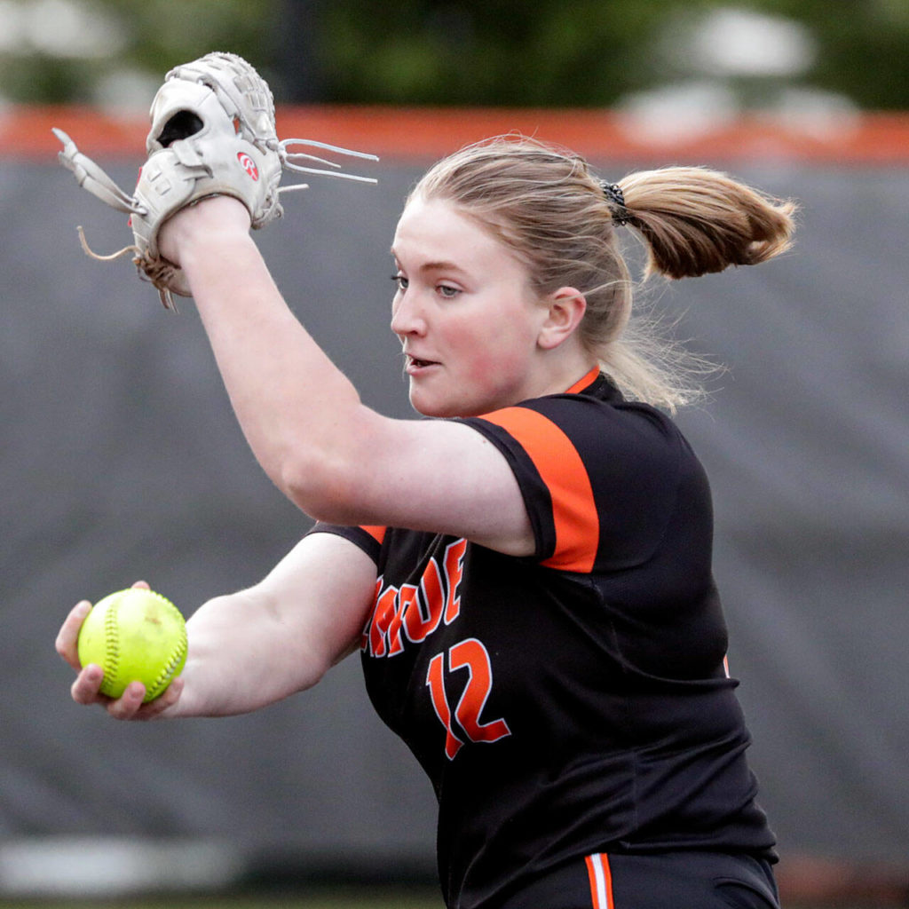 Monroe senior Emma Nagy has had a strong season in the circle while pitching to freshman catcher and younger sister Scarlett Nagy. (Kevin Clark / The Herald)
