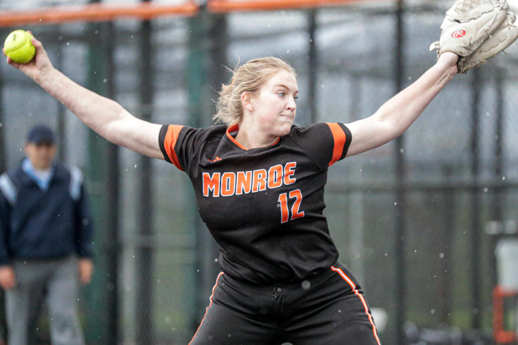 Monroe’s Emma Nagy winds up for a pitch against Snohomish on May 9 at Monroe High School. (Kevin Clark / The Herald)
