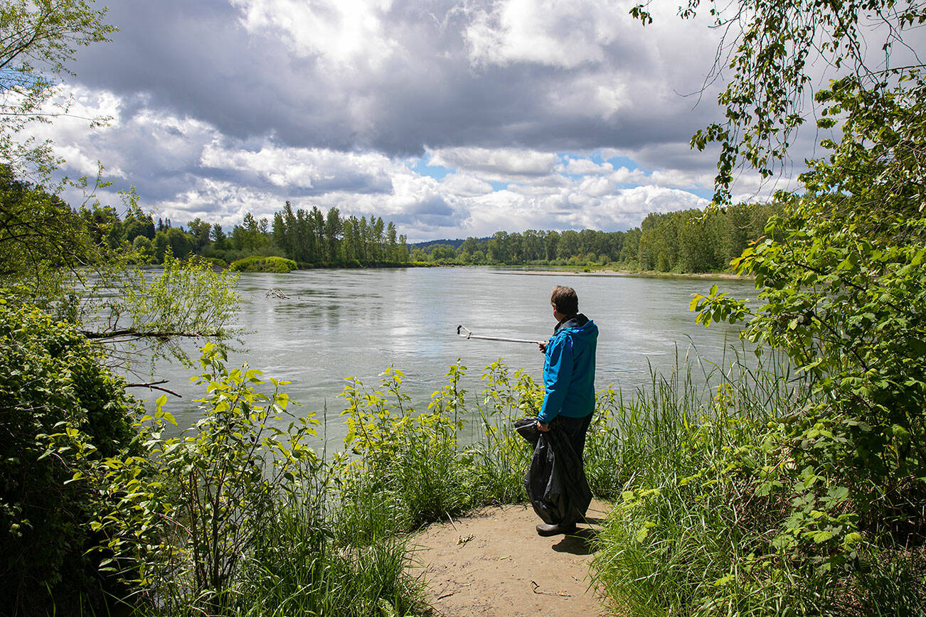 Doug Ewing looks out over a small section of the Snohomish River that he has been keeping clean for the last ten years on Thursday, May 19, 2022, at the Oscar Hoover Water Access Site in Snohomish, Washington. Ewing scours the shorelines and dives into the depths of the river in search of trash left by visitors, and has removed 59 truckloads of litter from the quarter-mile stretch over the past decade. (Ryan Berry / The Herald)