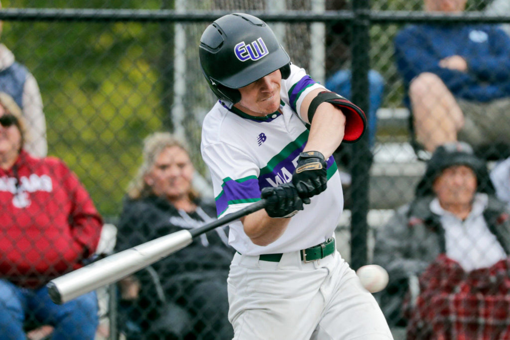 Edmonds-Woodway’s Jack Beers hits against Gig Harbor on Tuesday at Edmonds-Woodway High School. The Warriors won 2-1 in 8 innings. (Kevin Clark / The Herald)
