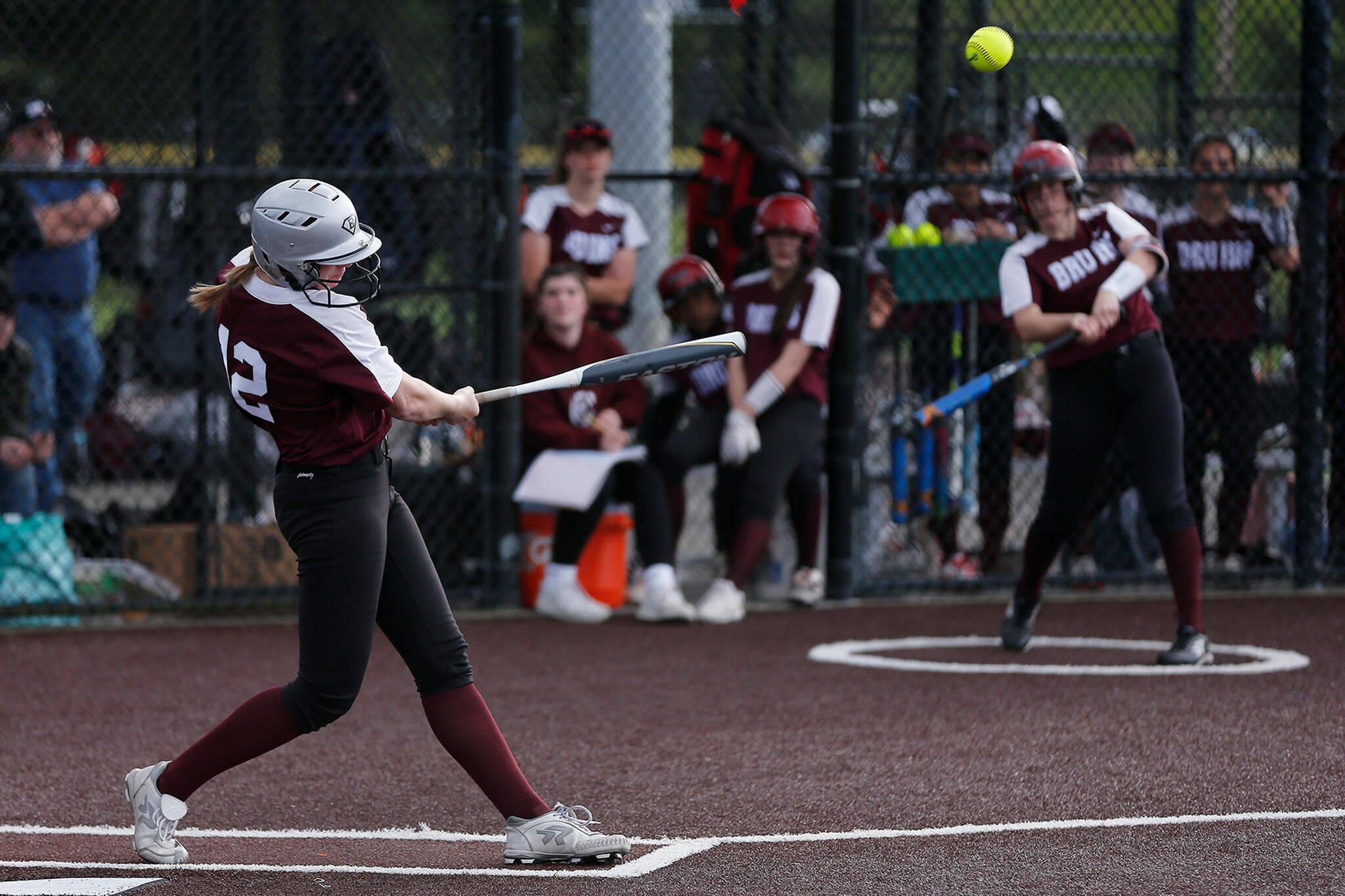 Cascade’s Abby Surowiec drives the ball against Arlington during Tuesday’s Class 3A District 1 matchup at the Phil Johnson Ballfields in Everett. (Ryan Berry / The Herald)