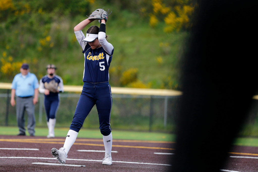 Everett’s Taylor Millar winds up before delivering a pitch against Snohomish during Tuesday’s Class 3A District 1 matchup at the Phil Johnson Ballfields in Everett. (Ryan Berry / The Herald)
