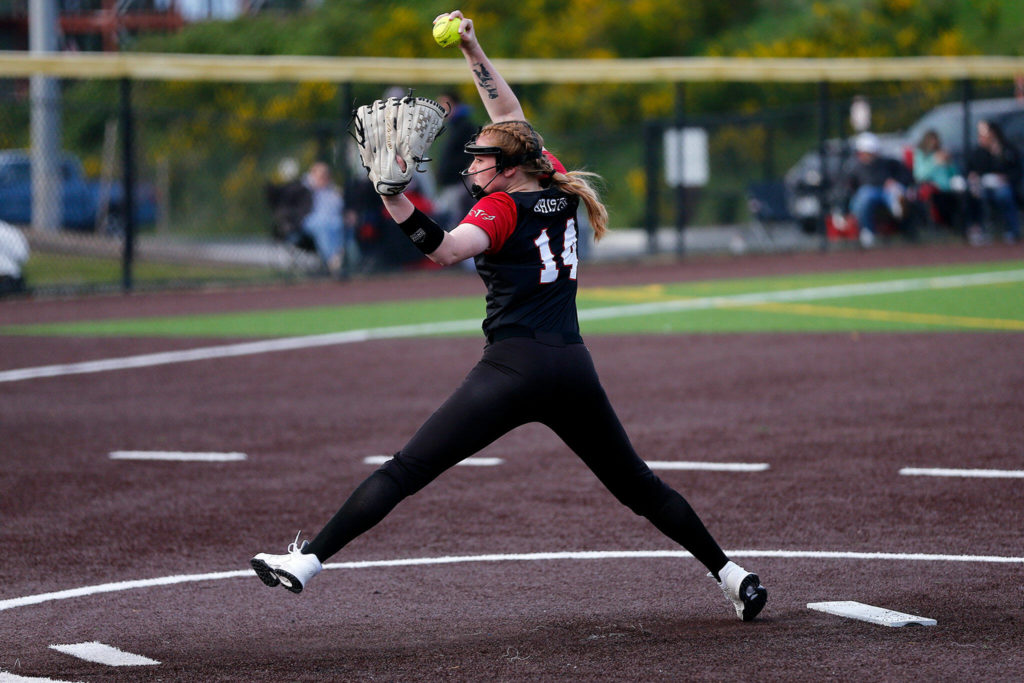 Snohomish’s Skyla Bristol pitches against Everett during Tuesday’s Class 3A District 1 matchup at the Phil Johnson Ballfields in Everett. (Ryan Berry / The Herald)
