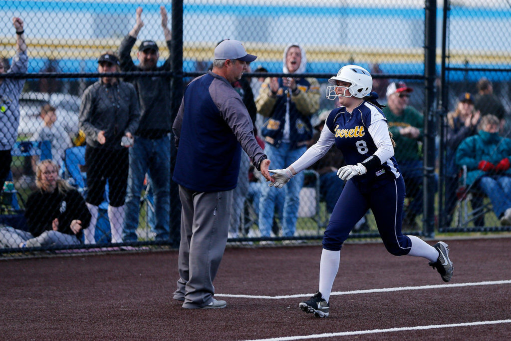 Everett’s Riannon Botz rounds the bases after launching a home run against Snohomish during Tuesday’s Class 3A District 1 matchup at the Phil Johnson Ballfields in Everett. (Ryan Berry / The Herald)
