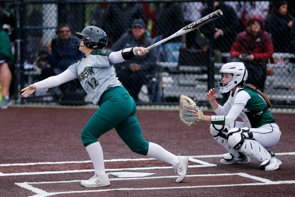 Jackson’s Kalia Zellmer fouls off a pitch against Skyline during Wednesday’s Class 4A matchup at the Phil Johnson Ballfields in Everett. (Ryan Berry / The Herald)
