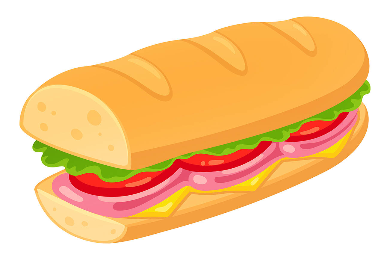 Sub style sandwich with ham, cheese, tomato and lettuce. Traditional deli sub vector clip art illustration.