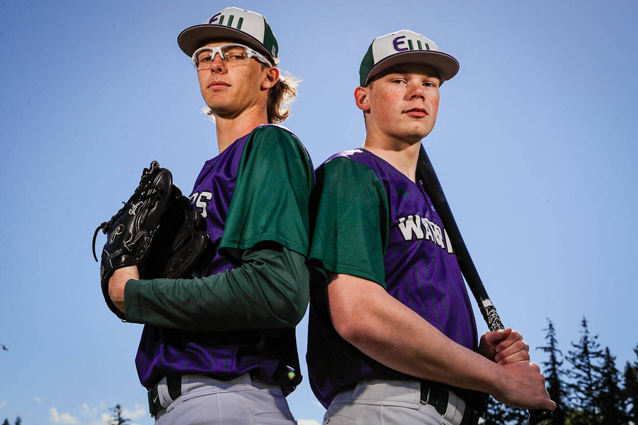 Edmonds-Woodway’s Gibby Marshall-Inman, left, and Jacob Gabler make up the Warriors pitching core. Photographed in Edmonds, Washington on May 19, 2022.(Kevin Clark / The Herald)