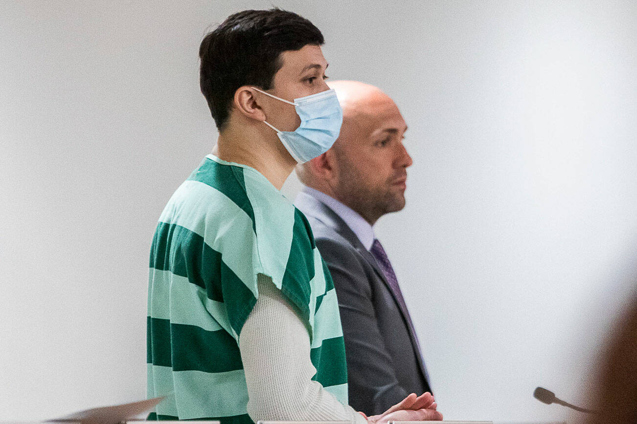 Rhyan Vasquez, charged with second-degree assault for beating his girlfriend, at a hearing at the Snohomish County Courthouse on Monday, May 23, 2022 in Everett, Washington. (Olivia Vanni / The Herald)