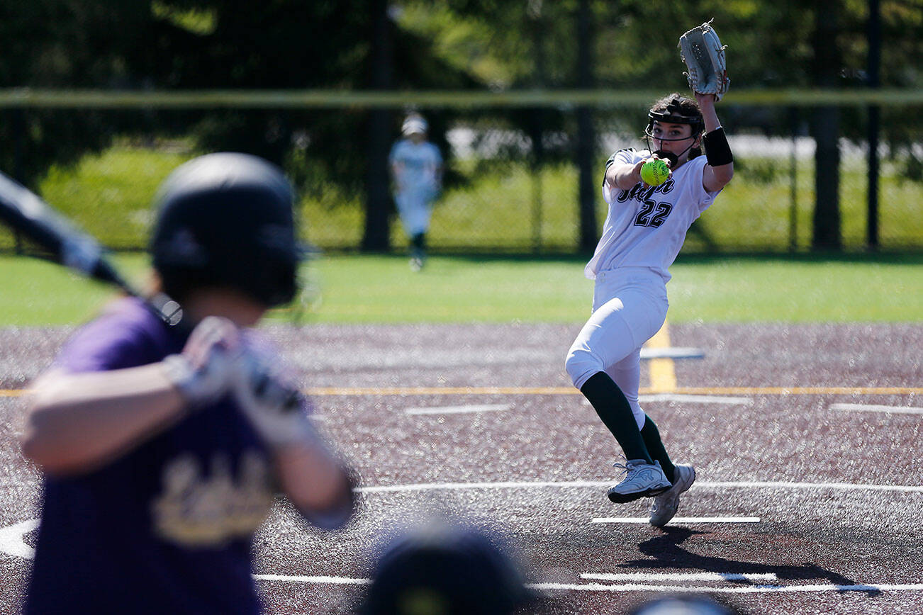 Jackson’s Allie Thomsen delivers a pitch against Lake Stevens during a 4A matchup Friday, May 20, 2022, at the Phil Johnson Ballfields in Everett, Washington. (Ryan Berry / The Herald)