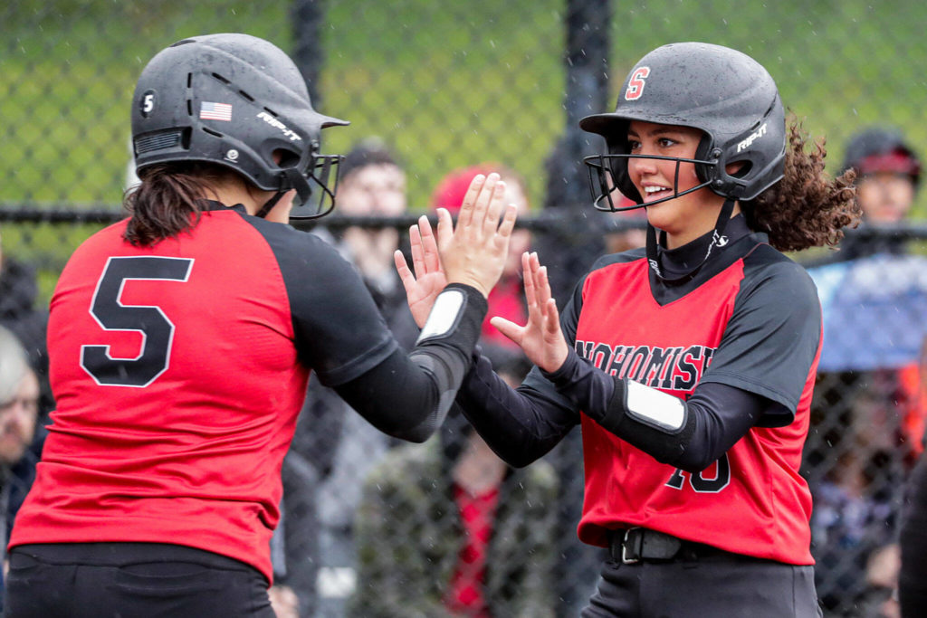 Alli Wilson (left) and Emma Hansen helped lead the Panthers to the Wesco 3A/2A title and their program’s seventh consecutive state berth. (Kevin Clark / The Herald)
