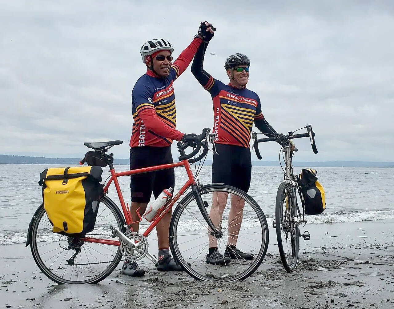 Gene Woodard, 68, and Ray Wittmier, 67, at the start of their 50-day ride to raise money for St. Baldrick’s Foundation for pediatric cancer research. (Submitted photo)