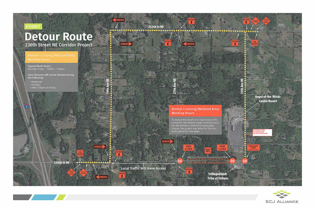 Work on 236th Street NE near Arlington will close both lanes for months starting Tuesday. A detour takes people to 19th Avenue NE, 252nd Street NE, and 35th Avenue NE. (Stillaguamish Tribe of Indians)
