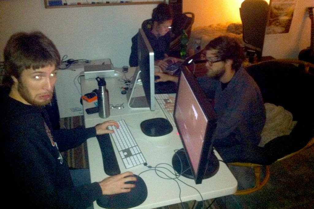Zak Stoltz (left) working on the Tenacious D “Rize of the Phoenix” music video in Daniel Kwan’s bedroom in April 2012. Across from him is Daniel Scheinert. (Daniel Kwan)
