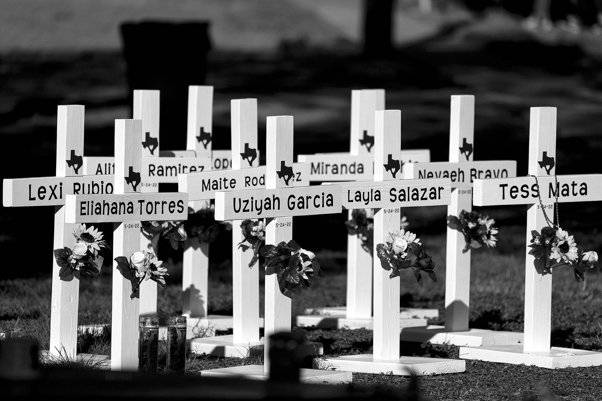 Jae C. Hong / Associated Press
Crosses with the names of Tuesday’s shooting victims are placed outside Robb Elementary School in Uvalde, Texas, May 26.