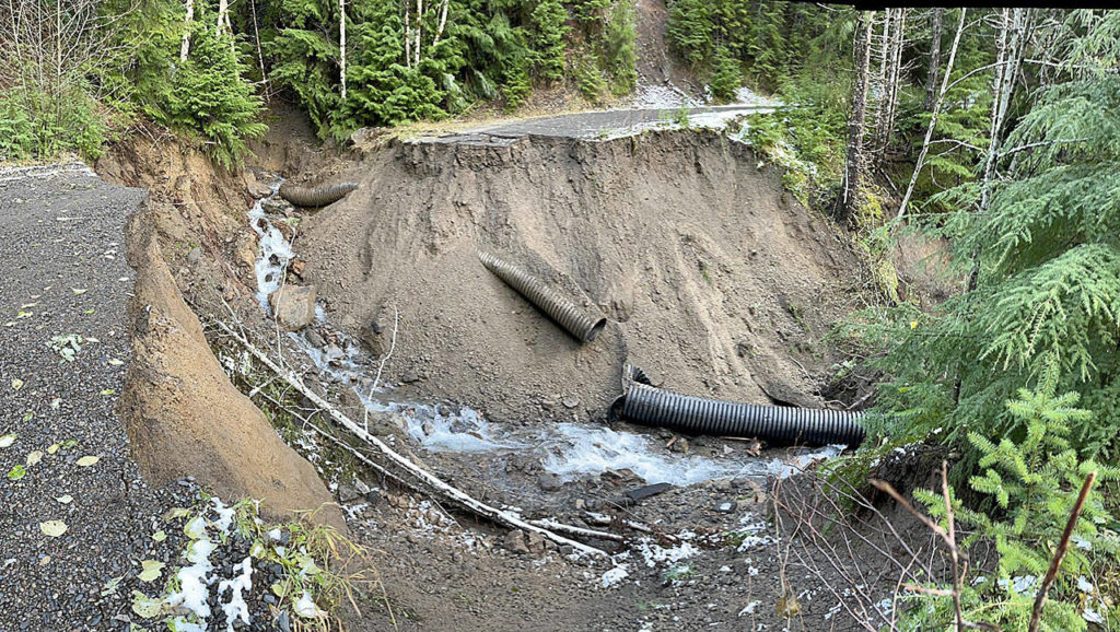 A large washout closed Forest Service Road 29 in the Olympia National Forest in 2016. Hikers rely on forest service roads to access backcountry trails. (Forest Service photo via the Forks Forum, file)
