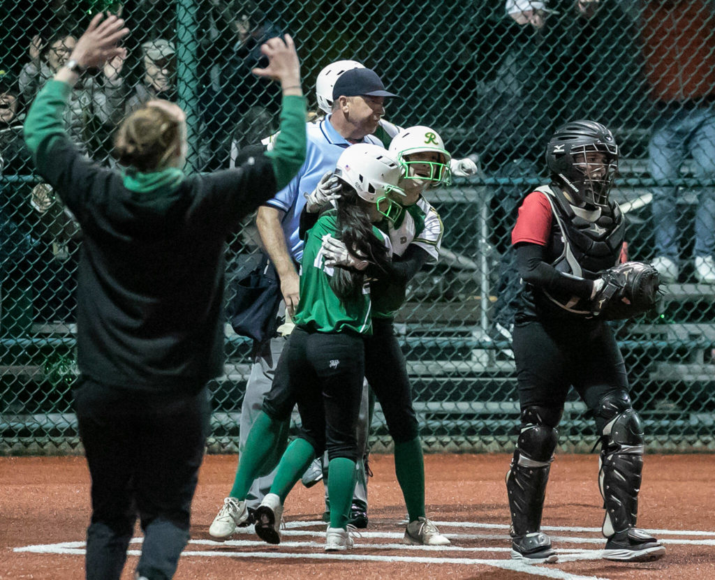 Roosevelt celebrates advancing to the 3A State semifinals with their victory over Snohomish Friday evening in Lacey, Washington on May 27, 2022. The Panthers lost 14-13 in 8 innings. (Kevin Clark / The Herald)
