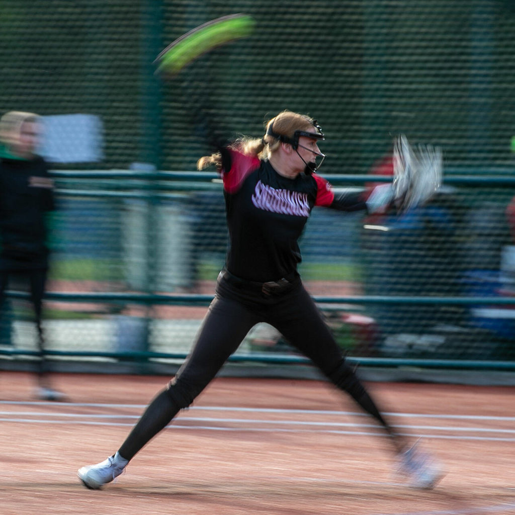 Snohomish’s Skyla Bristol winds up for a pitch against Roosevelt in the 3A State quarter-finals Friday evening in Lacey, Washington on May 27, 2022. The Panthers lost 14-13 in 8 innings. (Kevin Clark / The Herald)
