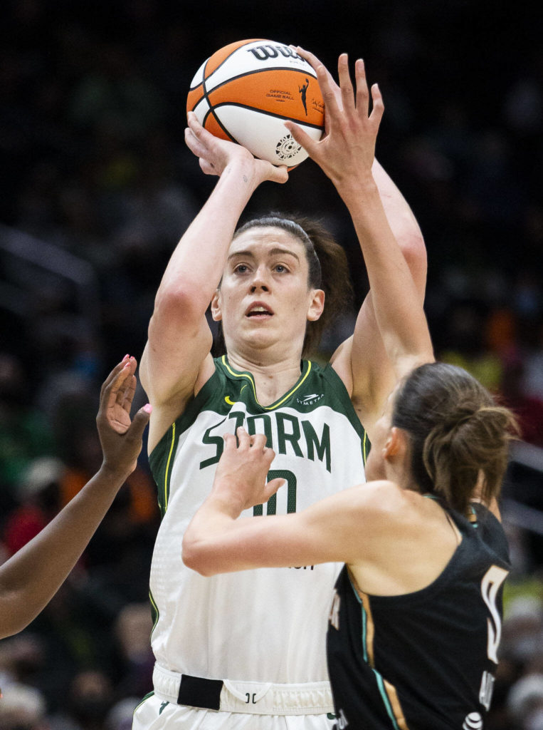 Seattle Storm’s Breanna Stewart makes a jump shot during the game against the Liberty on Sunday, May 29, 2022 in Seattle, Washington. (Olivia Vanni / The Herald)
