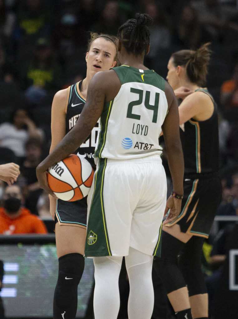 Seattle Storm’s Jewell Loyd and New York Liberty’s Sabrina Ionescu exchange words after a foul call on Ionescu during the game on Sunday, May 29, 2022 in Seattle, Washington. (Olivia Vanni / The Herald)
