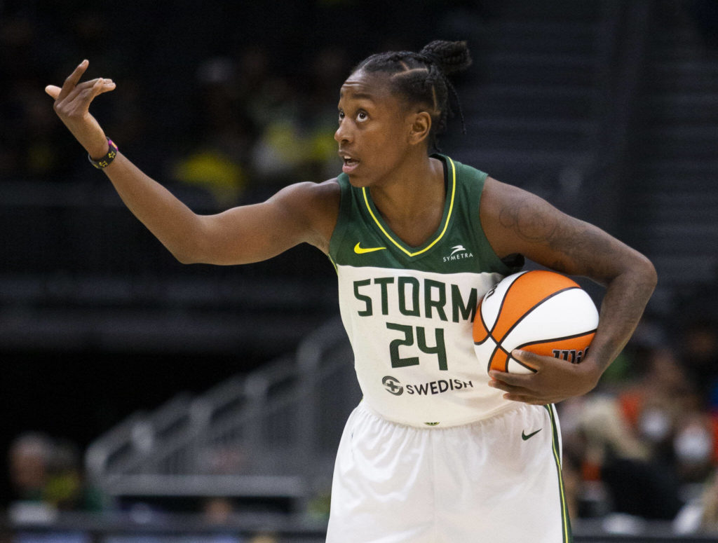 Seattle Storm’s Jewell Loyd calls a play during the game against the Liberty on Sunday, May 29, 2022 in Seattle, Washington. (Olivia Vanni / The Herald)
