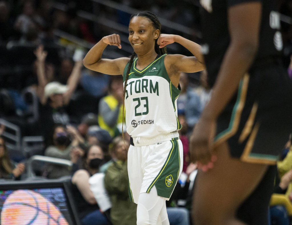 Seattle Storm’s Kiana Williams reacts to a teammates three-point shot during the game against the Liberty on Sunday, May 29, 2022 in Seattle, Washington. (Olivia Vanni / The Herald)
