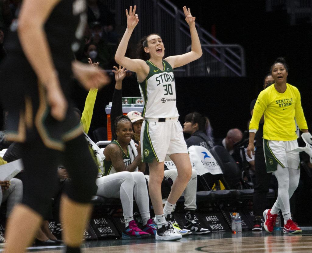 Seattle Storm’s Breanna Stewart reacts to a teammates three-point shot during the game against the Liberty on Sunday, May 29, 2022 in Seattle, Washington. (Olivia Vanni / The Herald)
