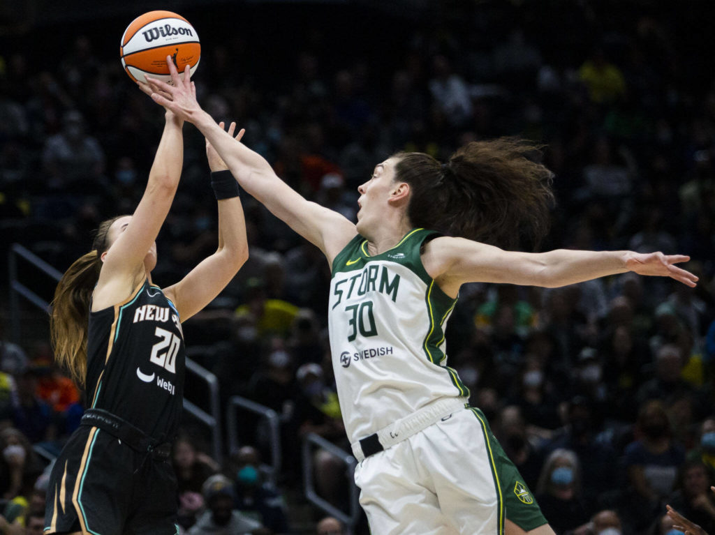 Seattle Storm’s Breanna Steward blocks a shot by New York Liberty’s Sabrina Ionescu during the game on Sunday, May 29, 2022 in Seattle, Washington. (Olivia Vanni / The Herald)
