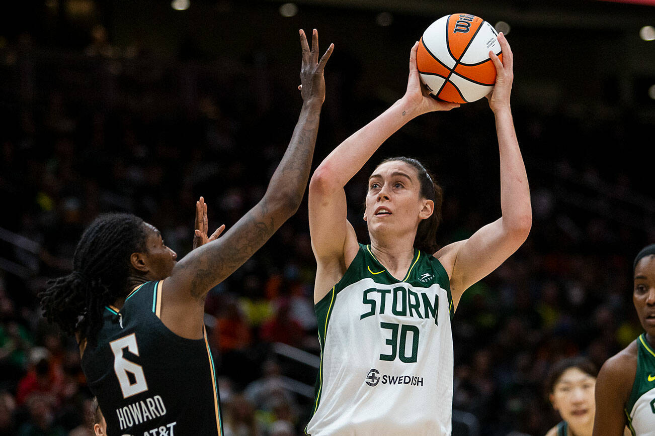 Seattle Storm’s Breanna Stewart makes a jump shot during the game against the Liberty on Sunday, May 29, 2022 in Seattle, Washington. (Olivia Vanni / The Herald)