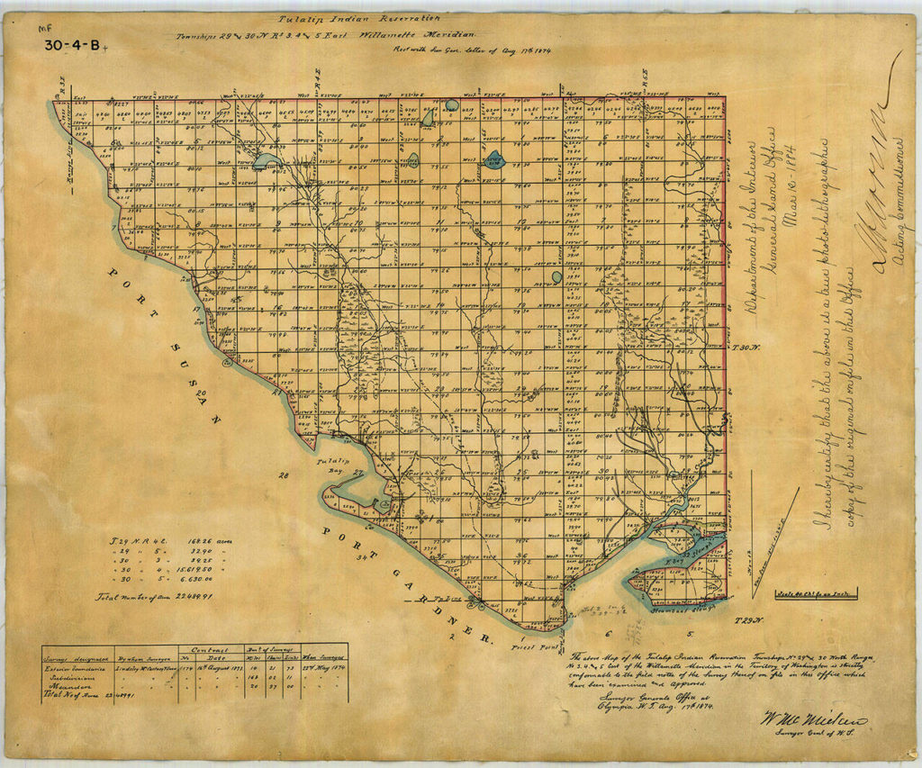 A historic map of the Tulalip Indian Reservation from 1874. (U.S. Department of the Interior.) 
