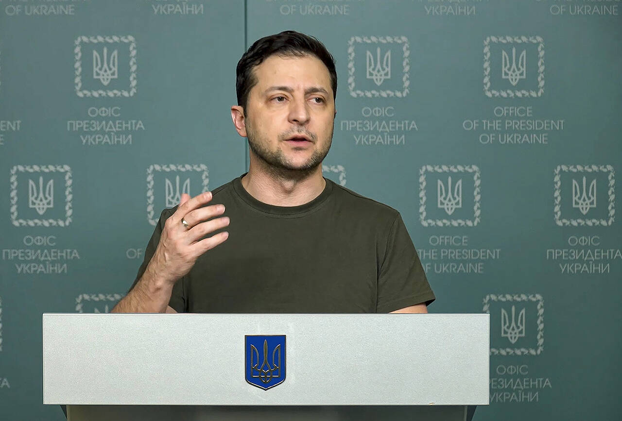 In this photo taken from video, Ukrainian President Volodymyr Zelenskyy speaks to the nation in Kyiv, Ukraine, on Sunday. (Ukrainian Presidential Press Office via AP)