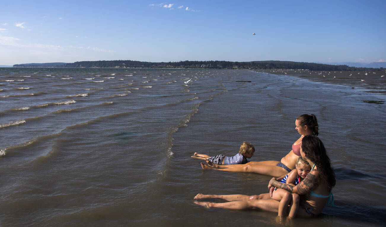Melissa Simons, right, holds Jet Juliann, 3, while Ashley Allege, center, watches Lincoln Ballard, 3, swim in the water off of Jetty Island on Thursday, July 5, 2018 in Everett, Wa. (Olivia Vanni / The Herald)