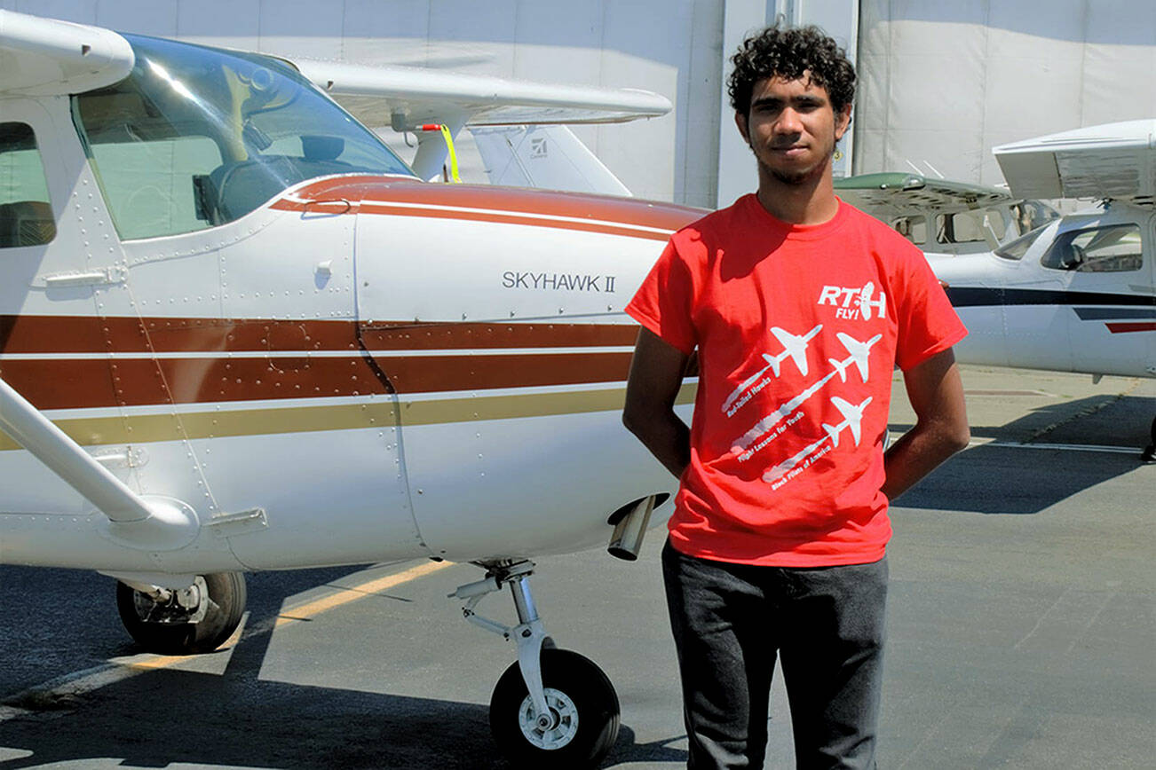 Zander Hamilton, a member of the Red-Tailed Hawks Flying Club based in Mukilteo, has been selected to attend a new U.S. Navy flight academy for 11th and 12th graders. Williams, 17, joined the club in 2018. (Jesse D. Hayes IV / Red-Tailed Hawks Flying Club)