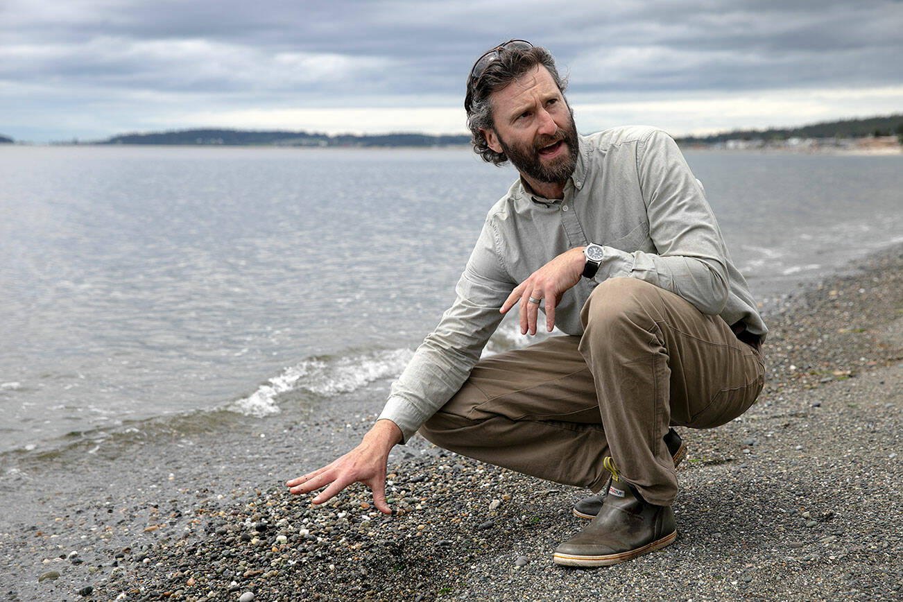 Ryan Elting, conservation director at the Whidbey Camano Land Trust, talks about the important ecosystem the shoreline provides Friday, June 10, 2022, at the site of the Keystone Preserve near Coupeville, Washington. (Ryan Berry / The Herald)