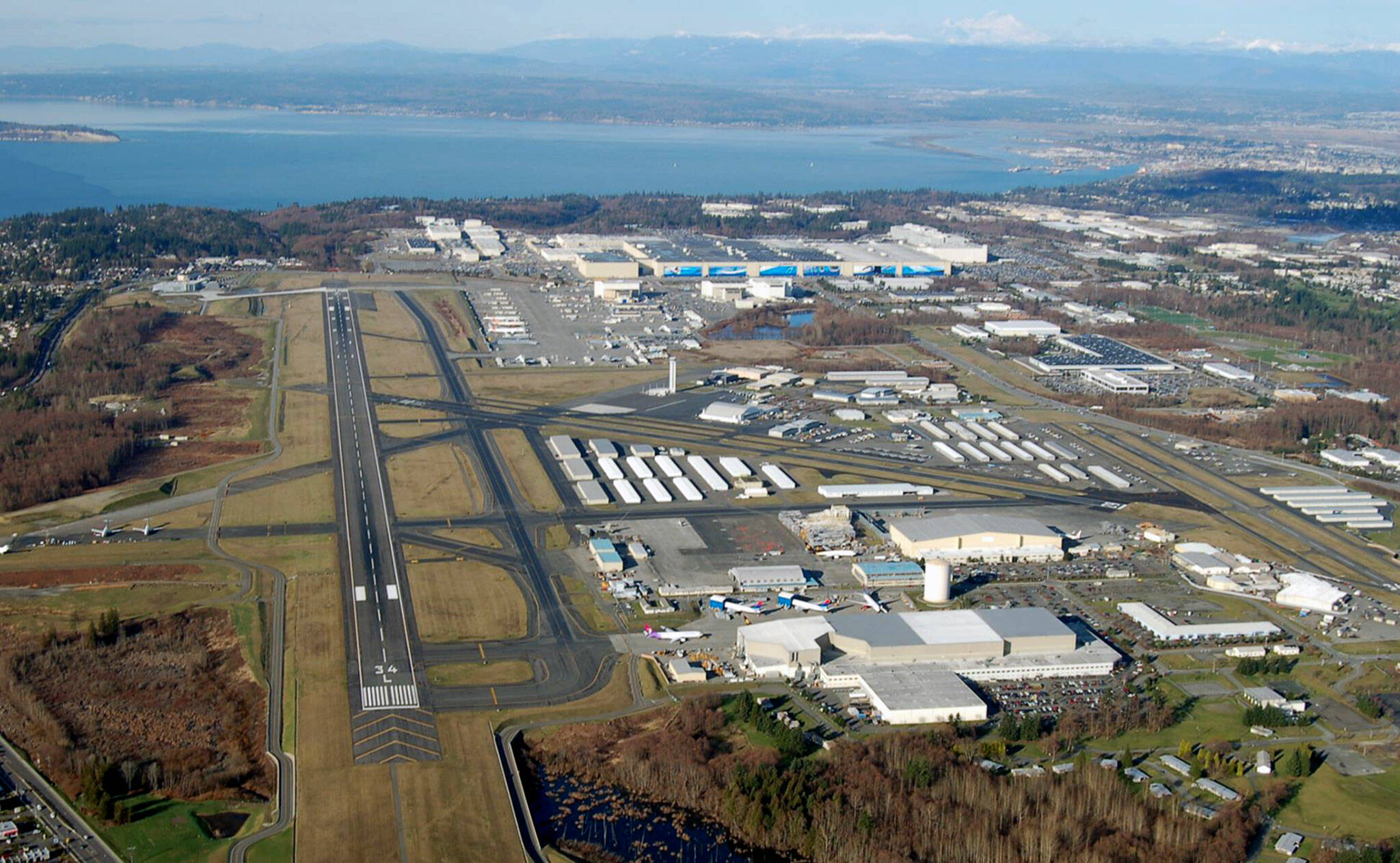 Looking north, an aerial view of Paine Field in Everett. (Paine Field / Snohomish County)