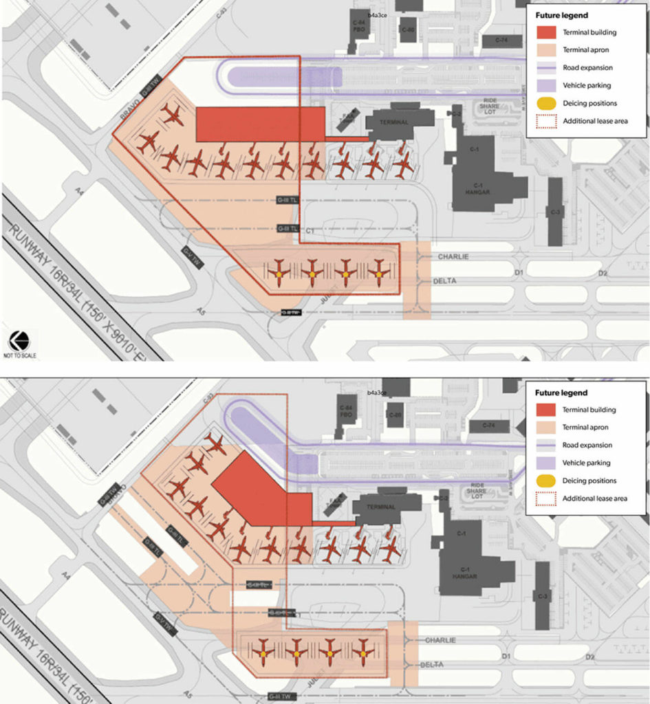 Two possible ways passenger gates at Paine Field in Everett could be expanded, including the addition of four positions for aircraft de-icing. (Paine Field / Snohomish County)
