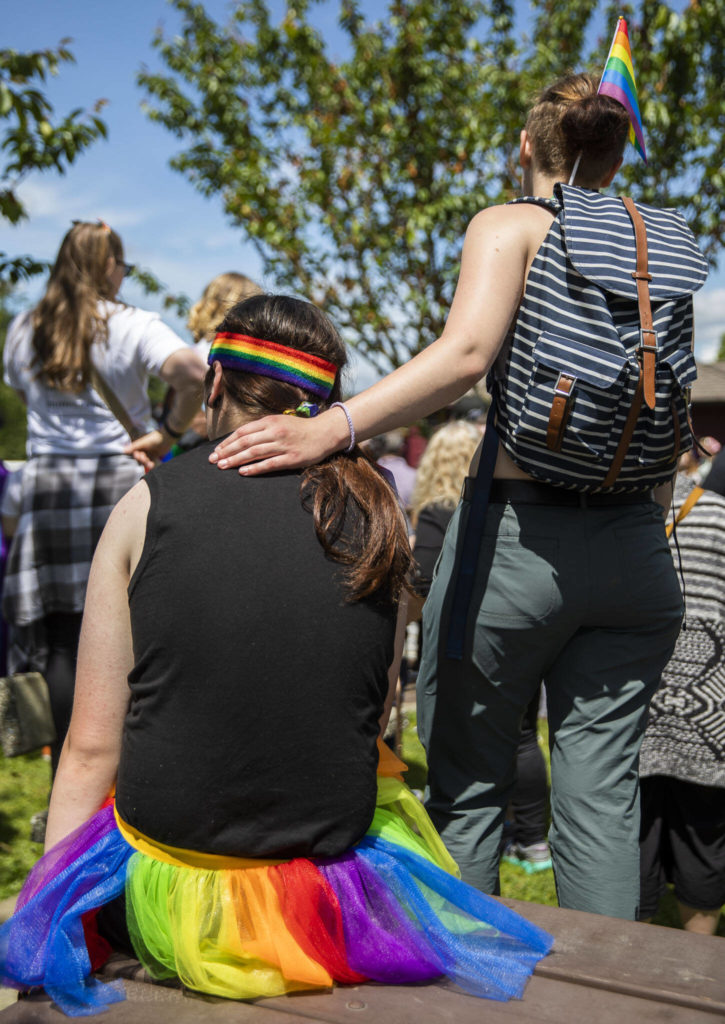 People watch drag performances at Arlington’s first-ever Pride celebration Saturday at Legion Memorial Park. (Olivia Vanni / The Herald)
