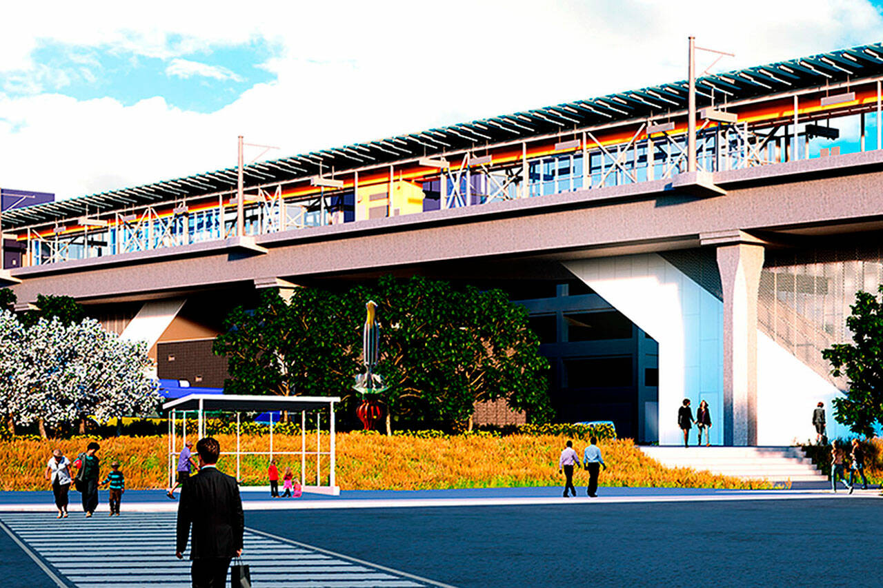 An illustration of the planned Lynnwood station for Sound Transit’s Link Light Rail system, now under construction and scheduled to be completed in 2024. (Sound Transit)