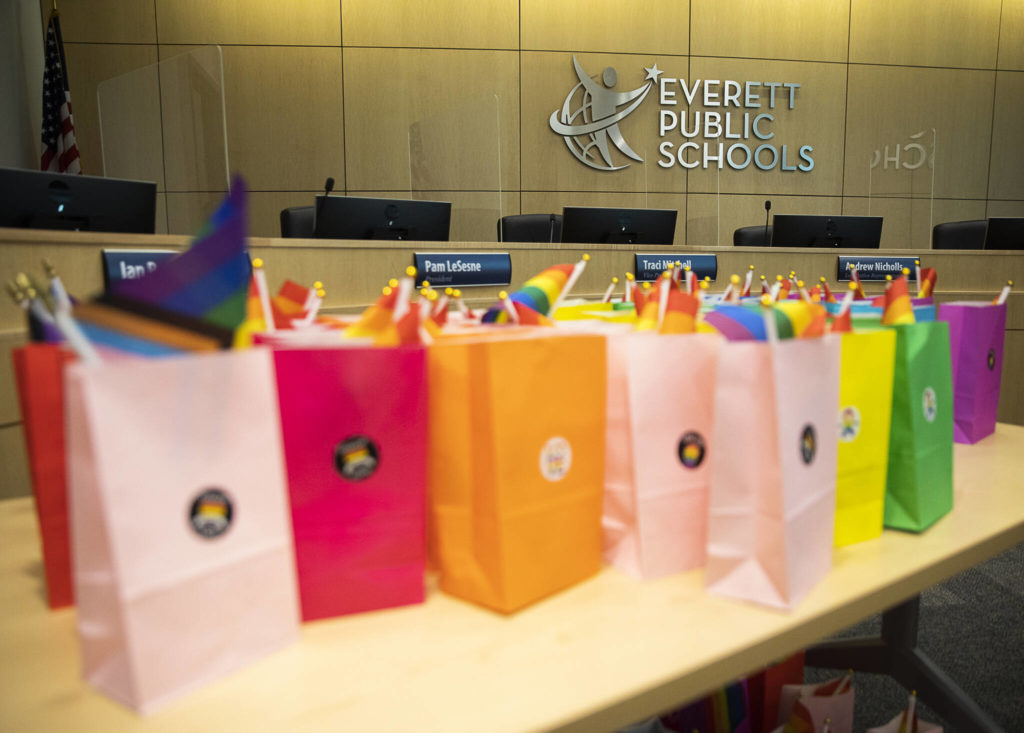 “DRAG” (diversity, respect, acceptance and gender inclusivity) bags available at the Everett Public Schools Pride month celebration Wednesday in Everett. (Olivia Vanni / The Herald)

