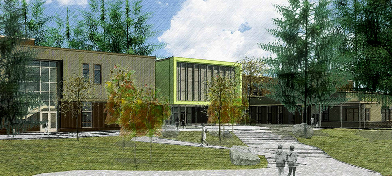 Rendering of the front entrance of Spruce Elementary School in Lynnwood. (Edmonds School District)