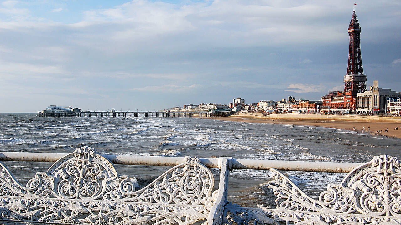 The 518-foot-tall Blackpool Tower looms over the north England seaside resort town.