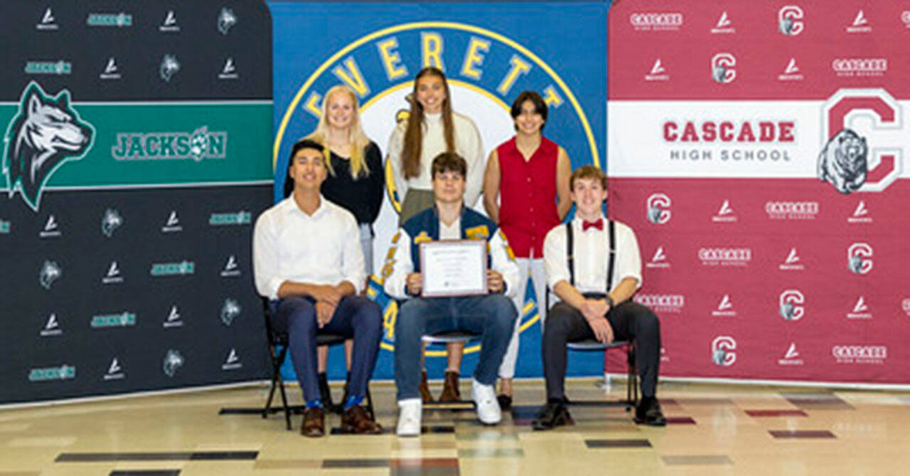 Dwayne Lane Athlete of the Year Scholarship candidates Jackson’s Kate Russell (top left to right), Everett’s Lillian Thompson, Cascade’s Laura Alcantar Soto, Jackson’s Dominic Hellman (bottom left to right), Everett’s Joey Hudson and Cascade’s Ronan McKague at the Everett School District athletic awards banquet on Thursday.