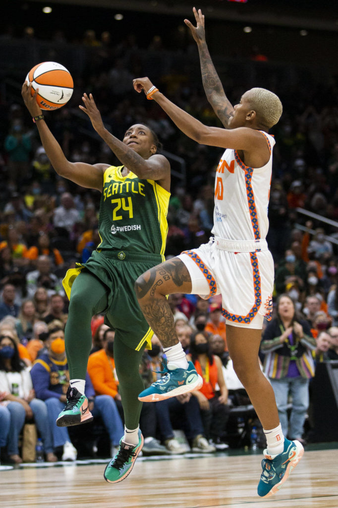 Seattle Storm’s Jewel Loyd makes a layup during the game against the Connecticut Sun on Sunday, June 5, 2022 in Seattle, Washington. (Olivia Vanni / The Herald)
