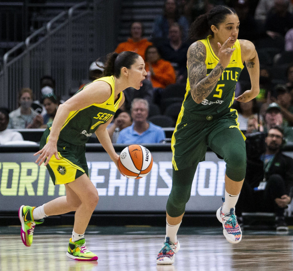 Seattle Storm’s Sue Bird yells directions after an offensive rebound during the game against the Connecticut Sun on Sunday, June 5, 2022 in Seattle, Washington. (Olivia Vanni / The Herald)

