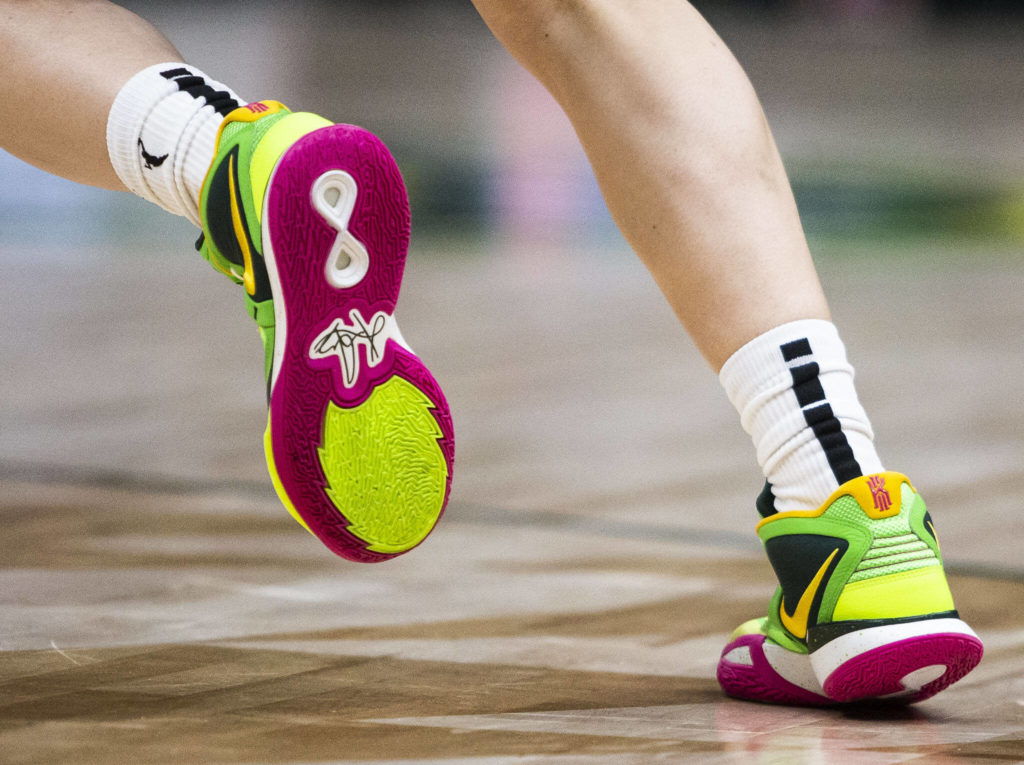 Seattle Storm’s Sue Bird’s Kyrie Infinity shoes during the game on Sunday, June 5, 2022 in Seattle, Washington. (Olivia Vanni / The Herald)
