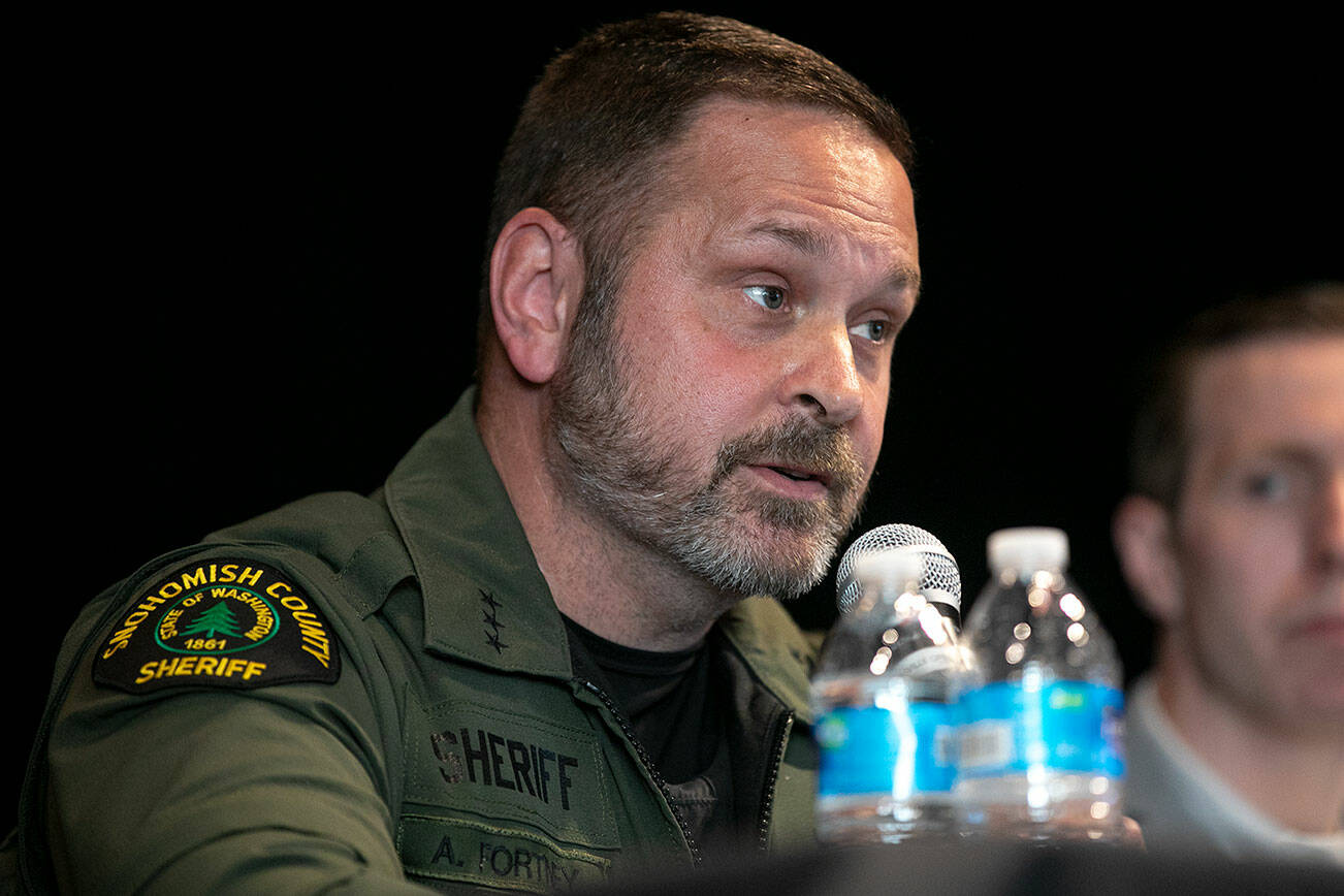 Snohomish County Sheriff Adam Fortney speaks during a public safety town hall meeting Wednesday, June 8, 2022, at the Marysville Opera House in Marysville, Washington. (Ryan Berry / The Herald)