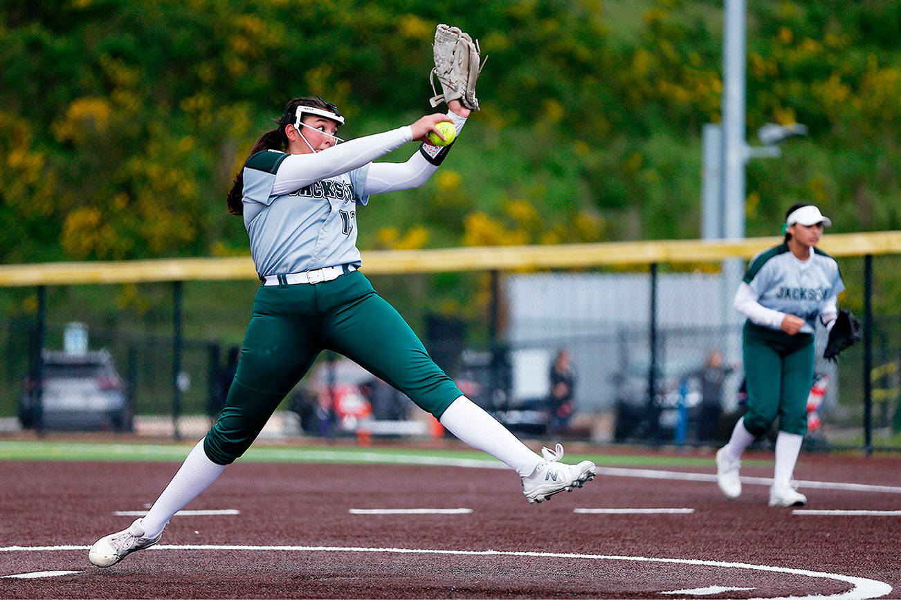 Jackson’s Yanina Sherwood winds up while pitching against Skyline Wednesday, May 18, 2022, during a Class 4A matchup at the Phil Johnson Ballfields in Everett, Washington. (Ryan Berry / The Herald)