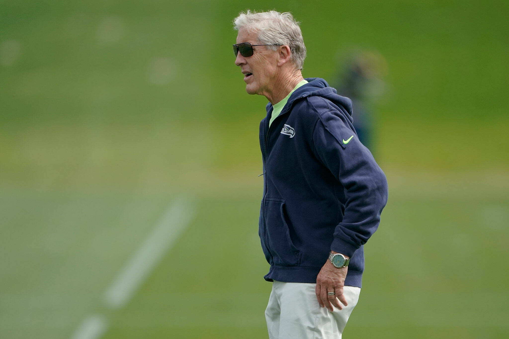 Seahawks head coach Pete Carroll watches drills during a practice on Wednesday in Renton. (AP Photo/Ted S. Warren)