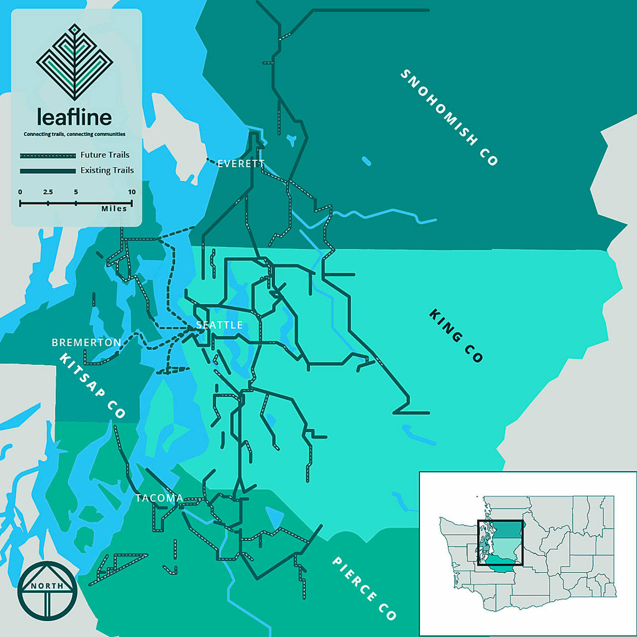 Leafline Trails Coalition’s vision for over 900 miles of trails would improve connections across King, Kitsap, Pierce and Snohomish Counties. (Leafline Trails Coalition)
