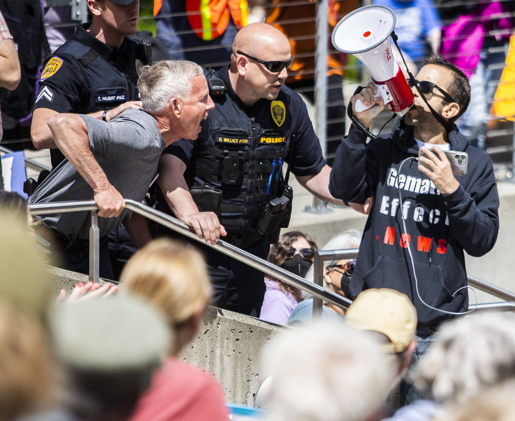 A counter-protester disrupts the March for Our Lives rally at the Snohomish County Courthouse Plaza on Saturday in Everett. (Olivia Vanni / The Herald)