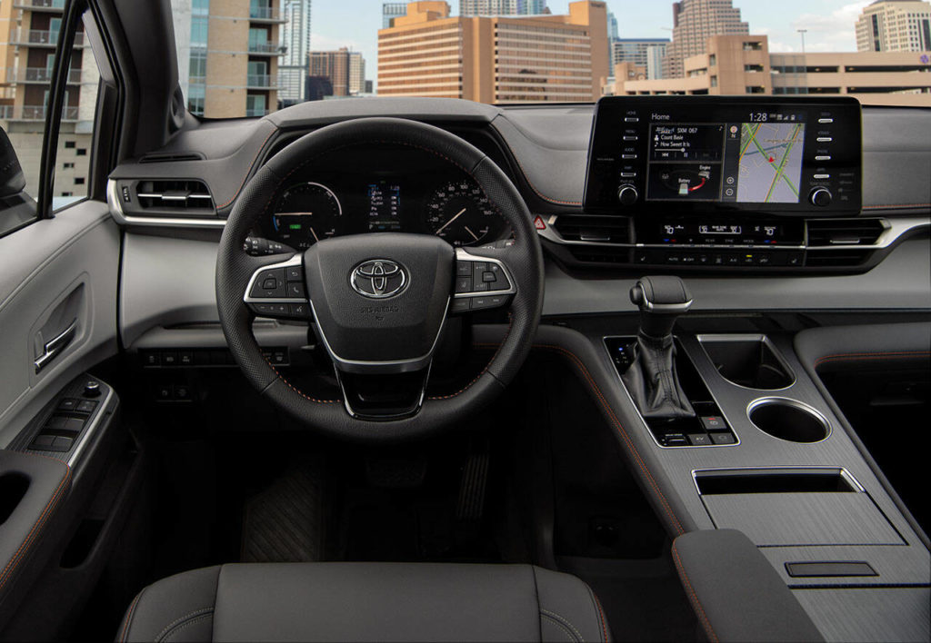 Interior attributes of the 2022 Toyota Sienna XSE include high-quality materials, multiple stowage bins and cubbies, and a multimedia system with 9-inch touchscreen. (Toyota)
